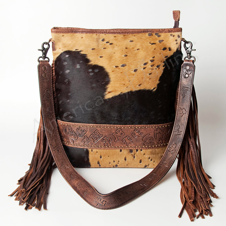 American Darling Large Cross body Bag Handcrafted from Hair-On Cowhide & Hand Tooled Genuine Leather with Fringes