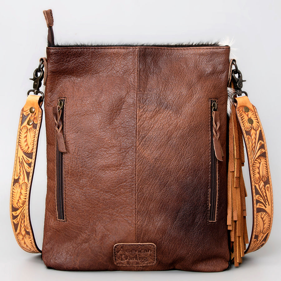 American Darling Chaps Bag Handcrafted from Hand Tooled Leather & Hair-On Cowhide with Concho, Fringes, and YKK Zipper