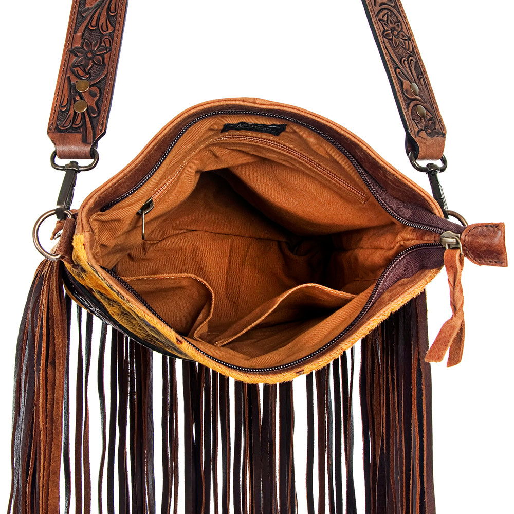 American Darling ADBGS192YLAC2A Messenger Hand Tooled Hair On Genuine Leather Women Bag Western Handbag Purse