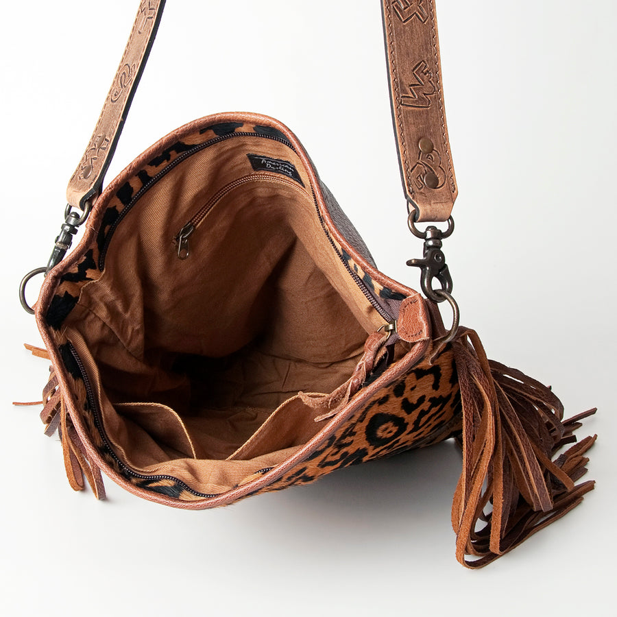 American Darling Large Cross body Bag Handcrafted from Hair-On Cowhide & Hand Tooled Genuine Leather with Fringes