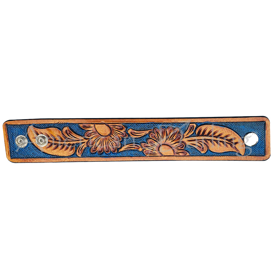 Leather wrist cuff with tooled floral design and blue inlay - Uhorse