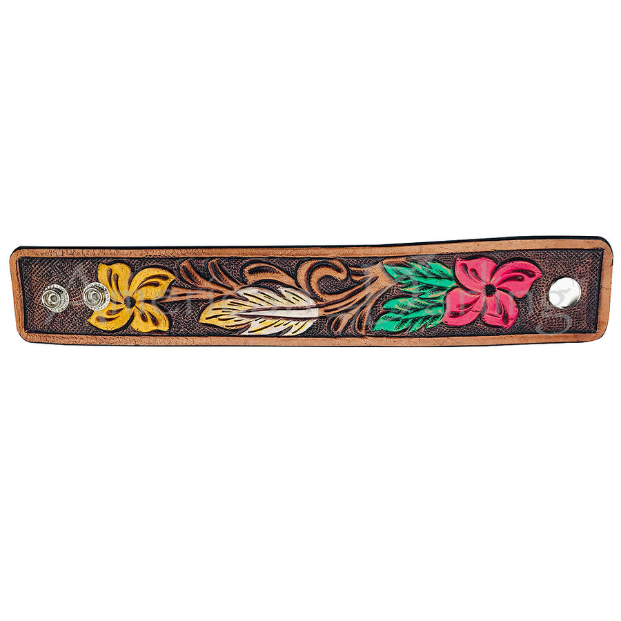 Leather wrist cuff with floral tooling and painted flowers - Uhorse