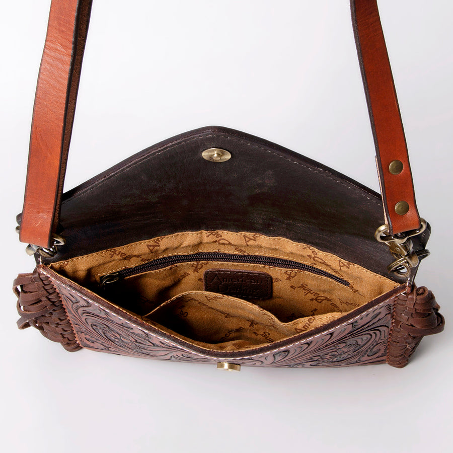 American Darling Envelope Bag Handcrafted from Hand Tooled Floral Leather with Braided Edges, Fringes, and YKK Zipper