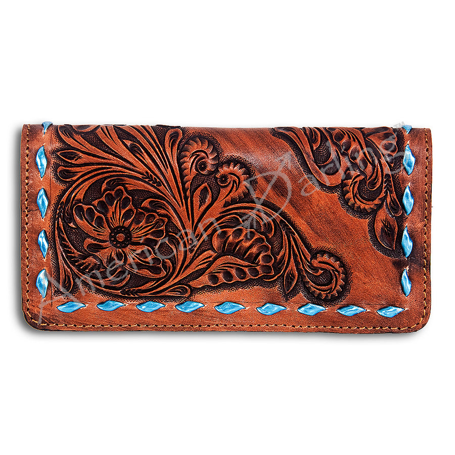 Brown leather checkbook wallet with tooled floral design and turquoise stitching - Uhorse