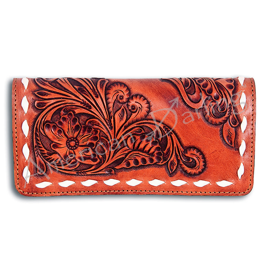 Tooled leather checkbook wallet in cognac with floral design - Uhorse