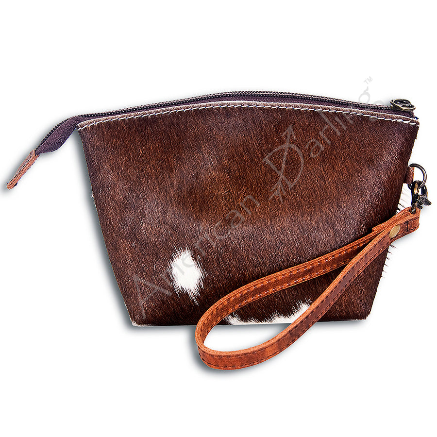 Brown and white cowhide wristlet with leather wrist strap - Uhorse
