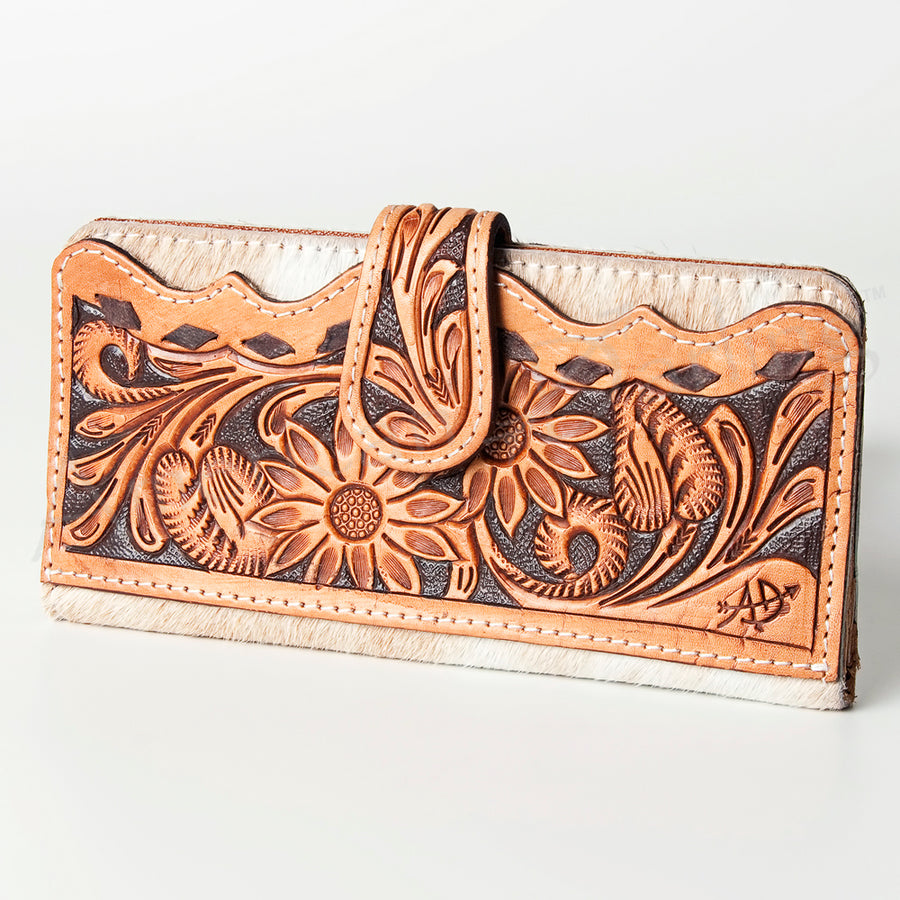 American Darling Hand Tooled Floral and Hair-On Cowhide Western Wallet Bag - Uhorse