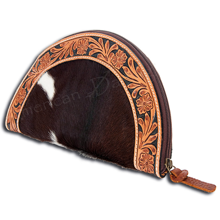 American Darling Taco Bag Handcrafted from Hand Tooled Floral Leather & Hair-On Cowhide with YKK Zipper