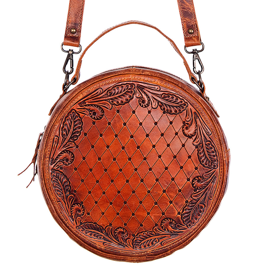 American Darling Western Canteen Bag Hand Tooled Floral Carved Genuine Vegetable Tanned Leather Round Crossbody Purse