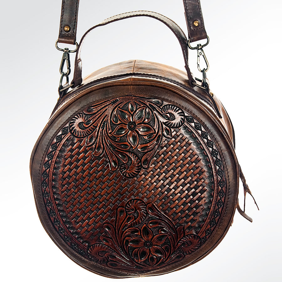 American Darling Western Canteen Bag Hand Tooled Floral Carved Genuine Vegetable Tanned Leather Round Crossbody Purse