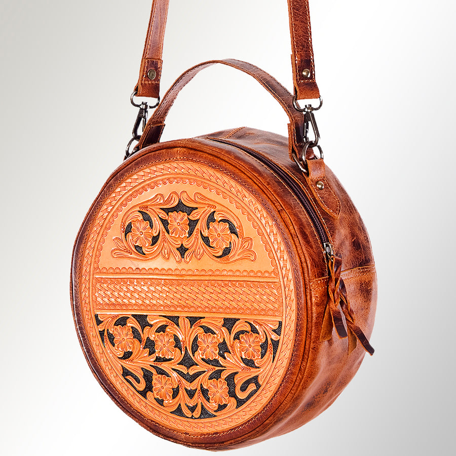 American Darling Western Canteen Bag Hand Tooled Floral Carved Genuine Vegetable Tanned Leather Round Crossbody Purse