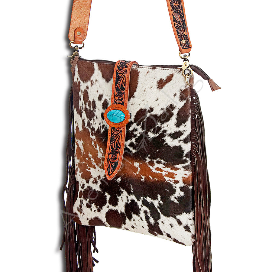 American Darling Large Cross body Bag for Women, Hand Tooled Floral Leather, Hair-on Cowhide with Turquoise & Fringes