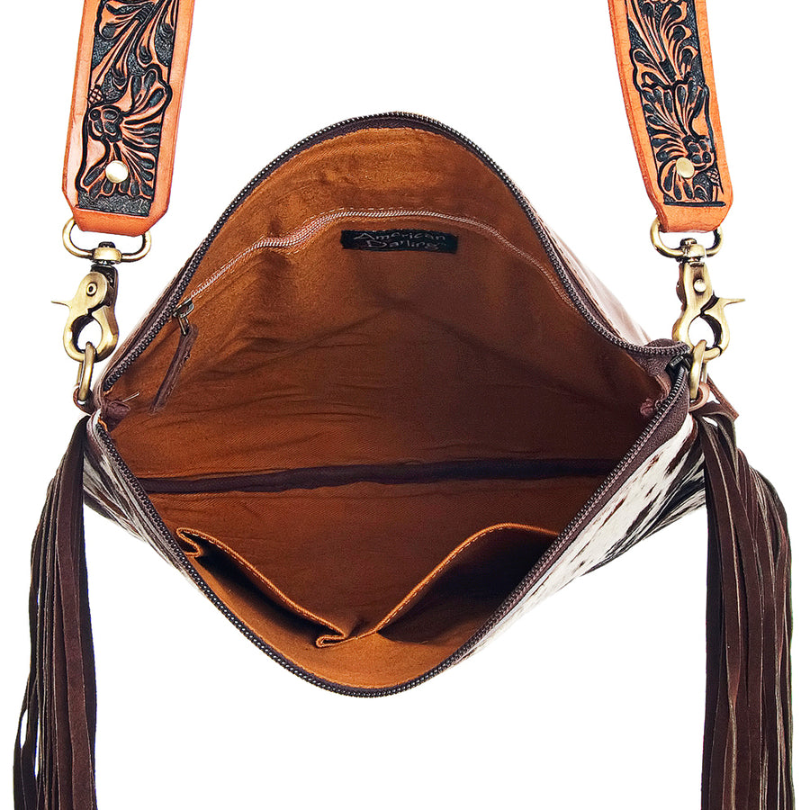 American Darling Large Cross body Bag for Women, Hand Tooled Floral Leather, Hair-on Cowhide with Turquoise & Fringes