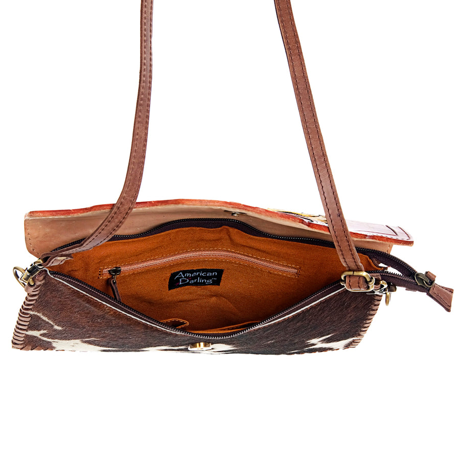 American Darling Western Envelope Bag, Hand Tooled Floral Carved Leather & Hair-On Cowhide Crossbody, 7in (H) X 12in (W)