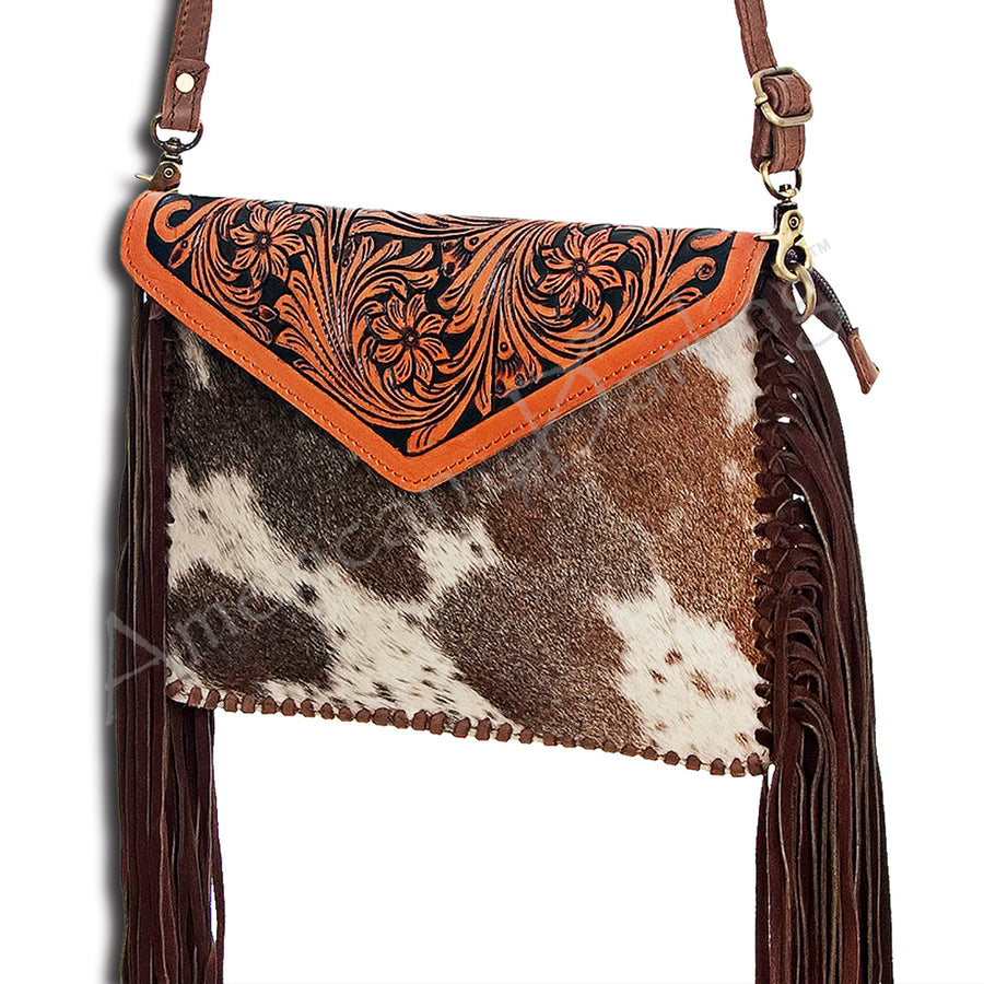American Darling Western Envelope Crossbody, Hand Tooled Floral Leather & Hair-On Cowhide Bag with Fringes, 8in (H) X 11in (W)