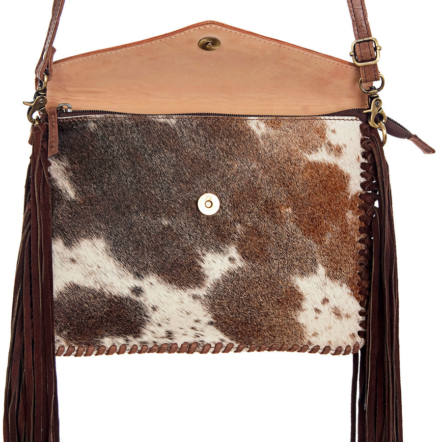 American Darling Western Envelope Crossbody, Hand Tooled Floral Leather & Hair-On Cowhide Bag with Fringes, 8in (H) X 11in (W)