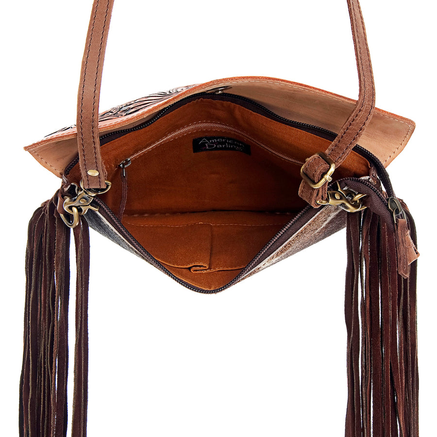 American Darling Western Envelope Crossbody, Hand Tooled Floral Leather & Hair-On Cowhide Bag with Fringes, 8in (H) X 11in (W)