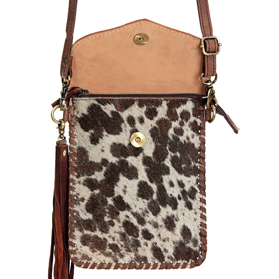 American Darling Messenger Bag, Hand Tooled Floral Leather & Hair-On Cowhide Crossbody with Fringes, 8in (H) X 6in (W)