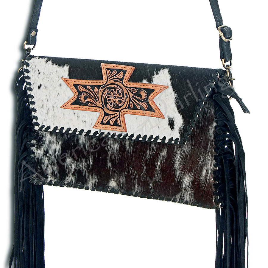 American Darling Western Envelope Bag, Hand Tooled Floral Leather & Hair-On Cowhide Crossbody with Fringes, 7in (H) X 12in (W)