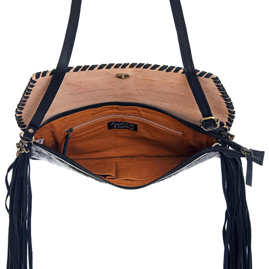 American Darling Western Envelope Bag, Hand Tooled Floral Leather & Hair-On Cowhide Crossbody with Fringes, 7in (H) X 12in (W)