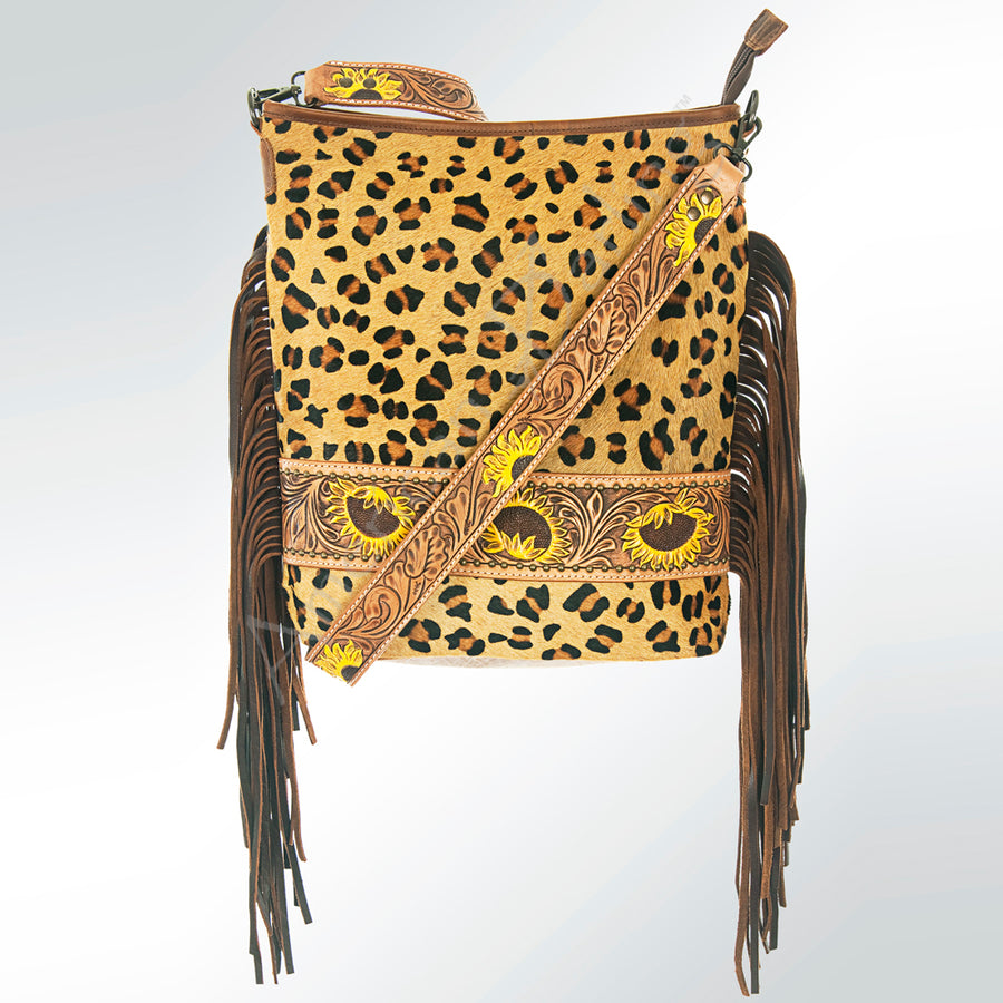 American Darling Large Cross body Bag Handcrafted from Hair-On Cowhide & Hand Tooled Genuine Leather with Fringes