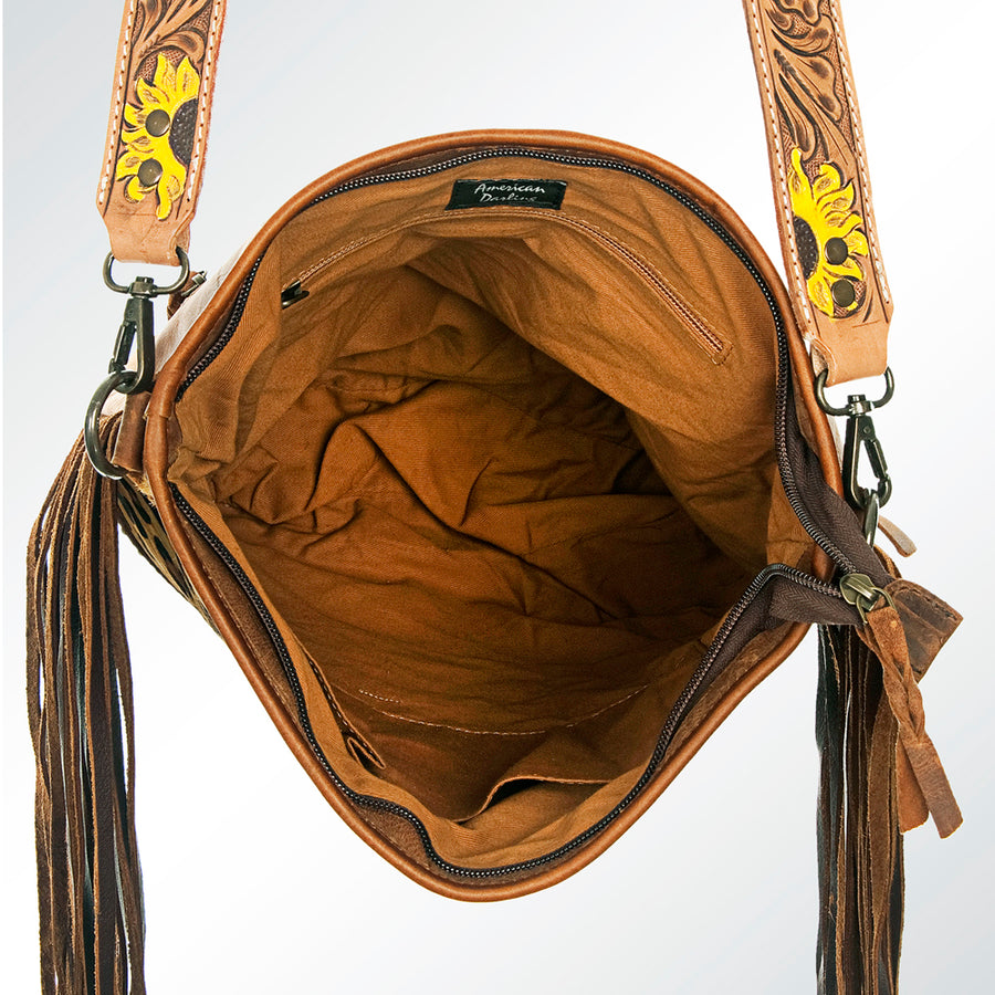 American Darling Large Cross body Bag Handcrafted from Hair-On Cowhide & Hand Tooled Genuine Leather with Fringes