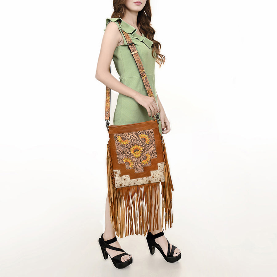 American Darling Messenger Bag, Hand Tooled Floral Leather, Hair-On Cowhide with Fringes, Western Crossbody Travel Purse