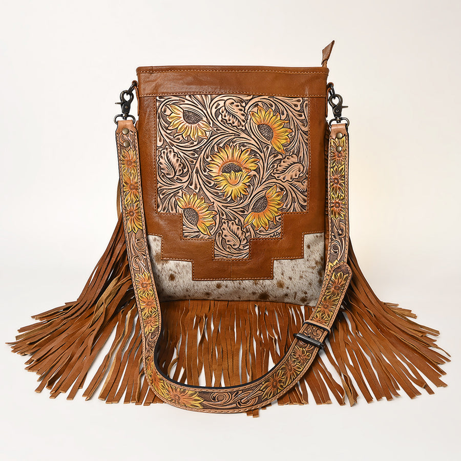 American Darling Messenger Bag, Hand Tooled Floral Leather, Hair-On Cowhide with Fringes, Western Crossbody Travel Purse