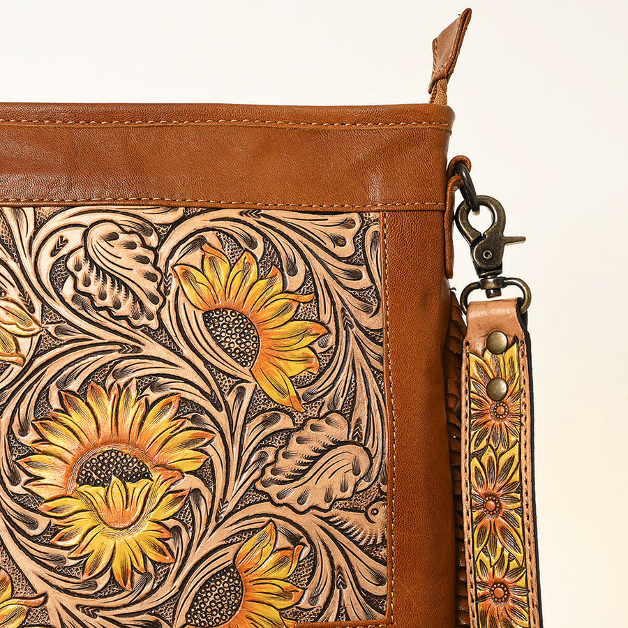 American Darling Messenger Bag, Hand Tooled Floral Leather, Hair-On Cowhide with Fringes, Western Crossbody Travel Purse