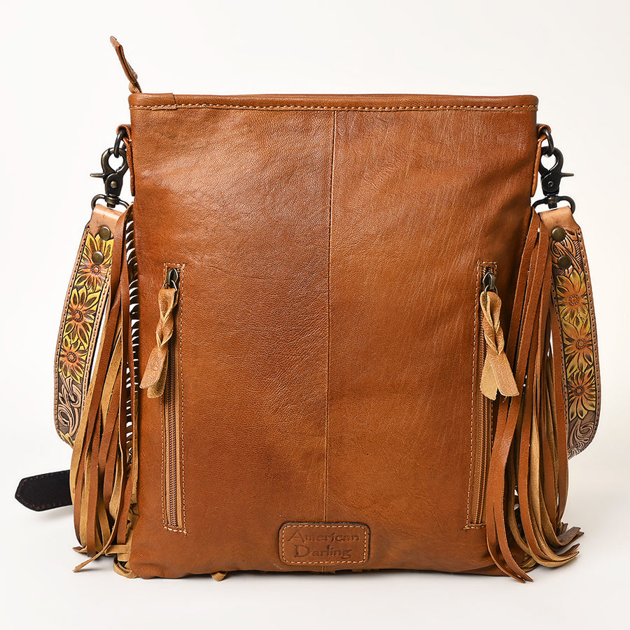 American Darling Messenger Bag, Hand Tooled Floral Leather, Hair-On Cowhide with Fringes, Western Crossbody Travel Purse