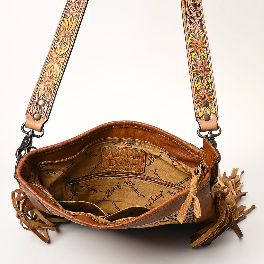 American Darling Messenger Bag, Hand Tooled Floral Leather, Hair-On Cowhide with Fringes, Western Crossbody Travel Purse
