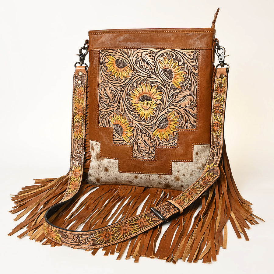 American Darling Messenger Bag - Hand Tooled Floral Leather and Hair-On Cowhide Purse - Uhorse