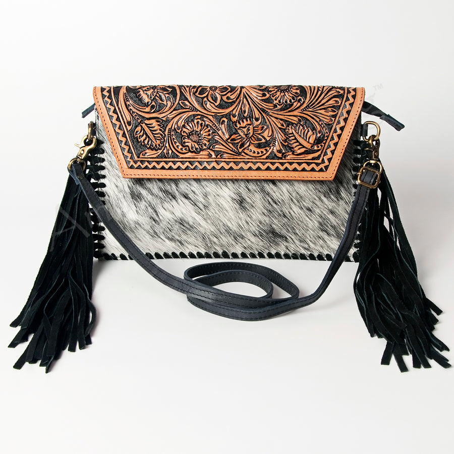 American Darling Western Envelope Bag, Hand Tooled Floral Leather & Hair-On Cowhide Crossbody with Fringes, 7in (H) X 12in (W)