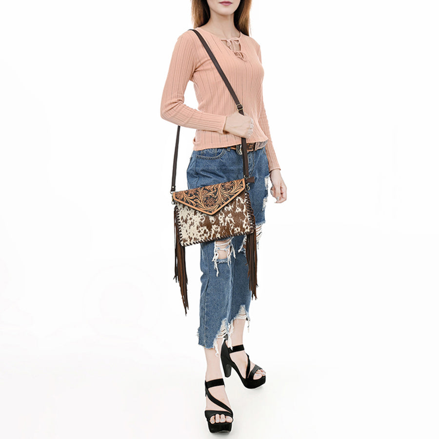 American Darling Western Envelope Crossbody, Hand Tooled Floral Leather & Hair-On Cowhide with Fringes, 8in (H) X 11in (W)