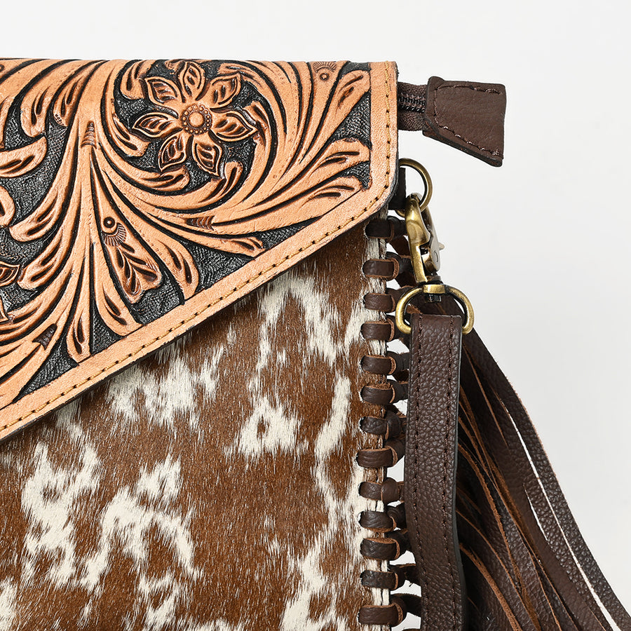 American Darling Western Envelope Crossbody, Hand Tooled Floral Leather & Hair-On Cowhide with Fringes, 8in (H) X 11in (W)