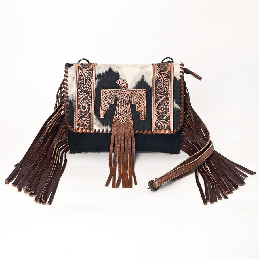 American Darling Envelop Bag Hand Tooled Floral Carved Hair-On Cowhide Leather Crossbody with Fringes and YKK Zipper