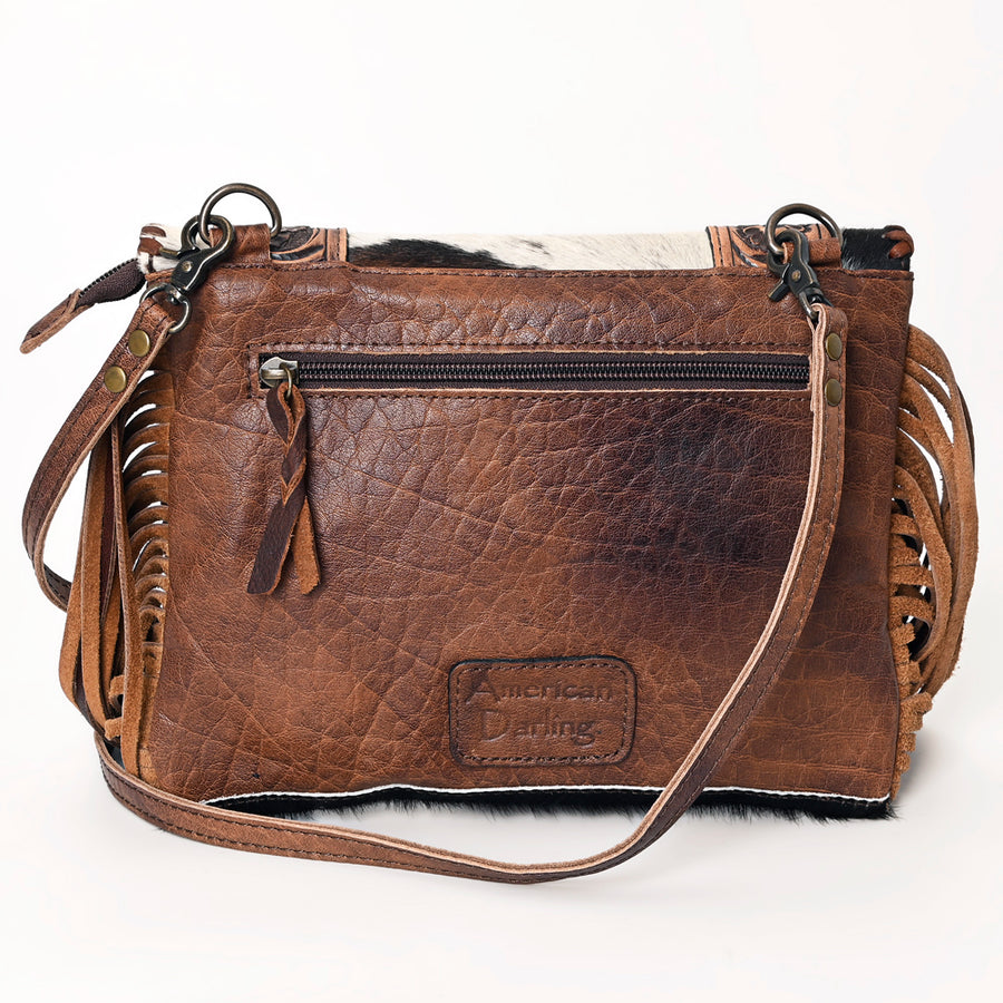 American Darling Envelop Bag Hand Tooled Floral Carved Hair-On Cowhide Leather Crossbody with Fringes and YKK Zipper