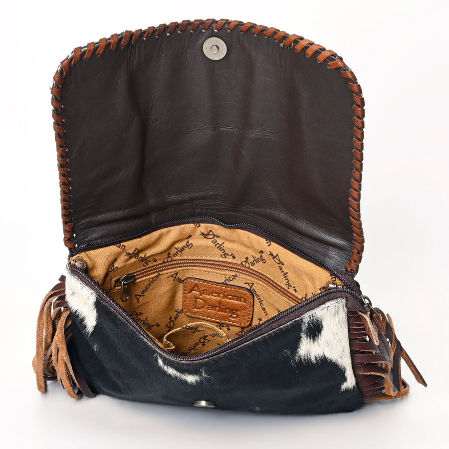 American Darling Envelop Bag Hand Tooled Floral Carved Hair-On Cowhide Leather Crossbody with Fringes and YKK Zipper
