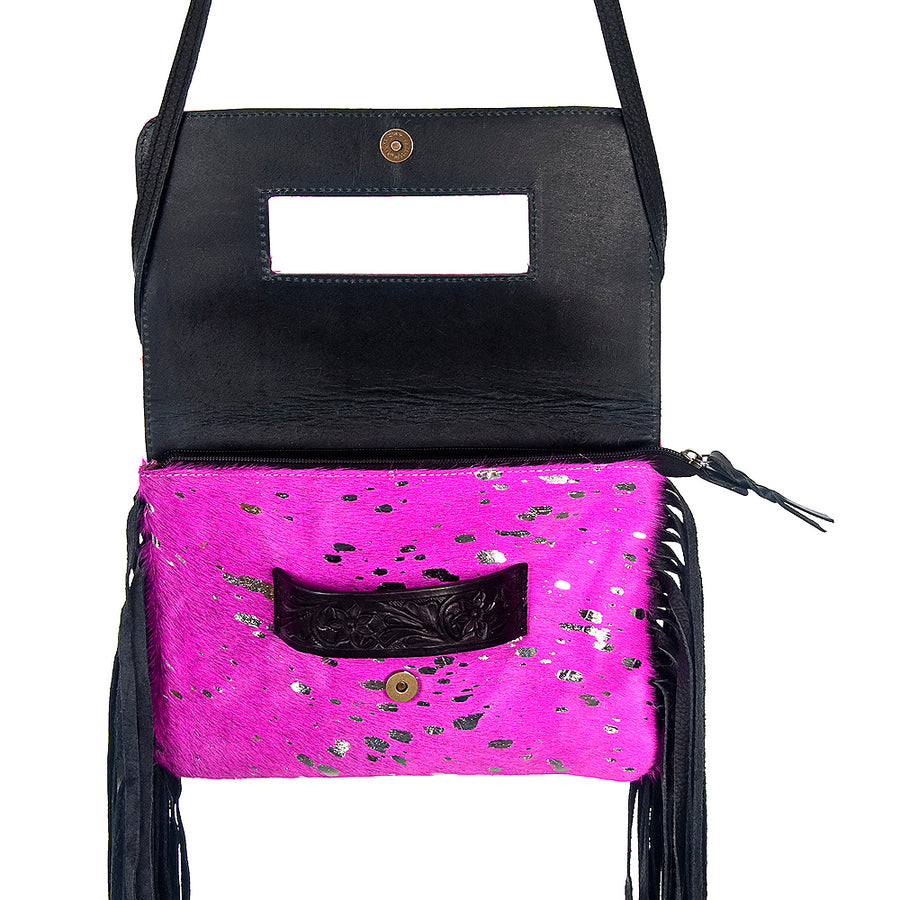 American Darling Small Cross body Bag, Hair-On Cowhide & Hand Tooled Floral Leather, Fringes, Vegetable Tanned Genuine Leather