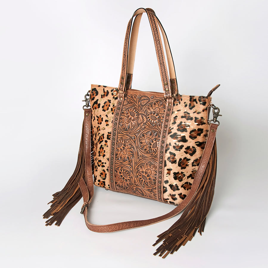 American Darling Tote Bag - Hair-On Cowhide and Hand Tooled Floral Leather with Rivets - Uhorse