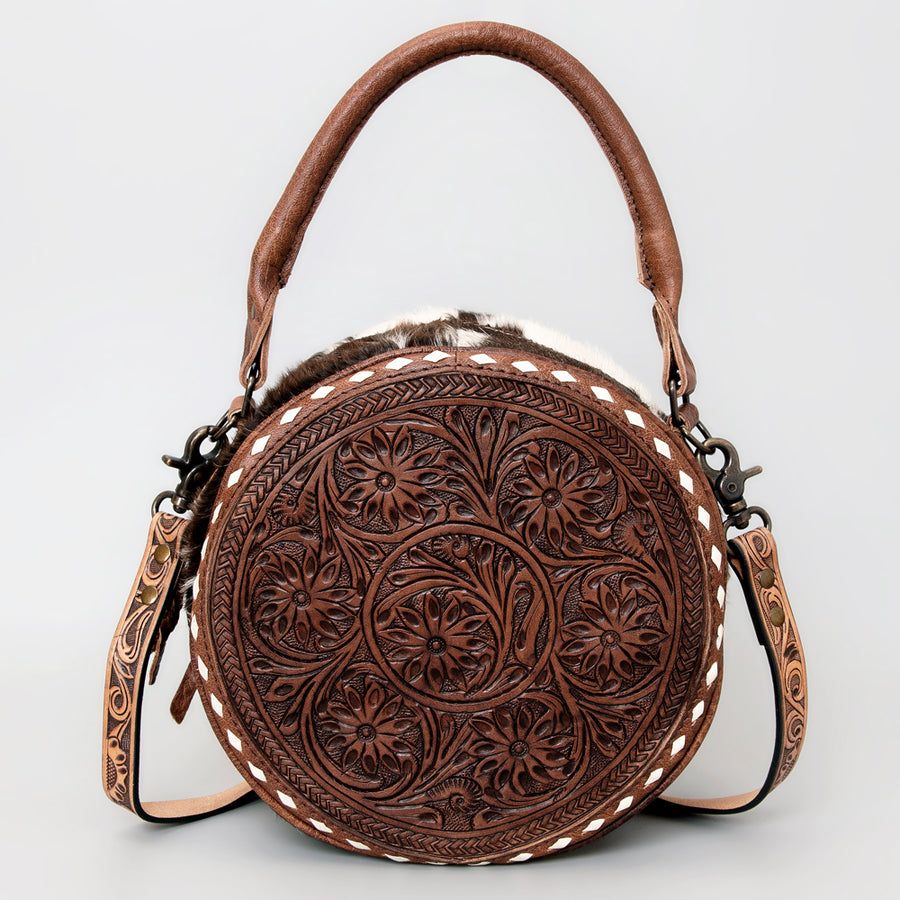 American Darling Canteen Bag Hand Tooled Floral Carved Leather Hair-On Cowhide Buckstitched Vegetable Tanned Genuine Leather