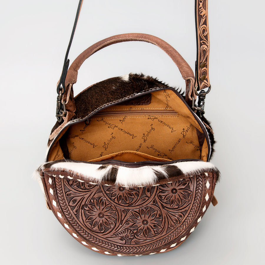 American Darling Canteen Bag Hand Tooled Floral Carved Leather Hair-On Cowhide Buckstitched Vegetable Tanned Genuine Leather