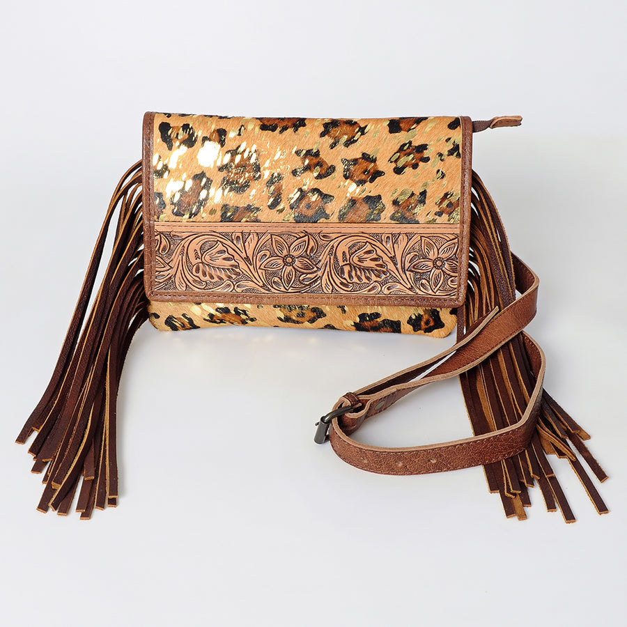 American Darling Small Cross Body Bag, Hand Tooled Floral Carved Leather with Hair-On Cowhide and Fringes, Genuine Leather