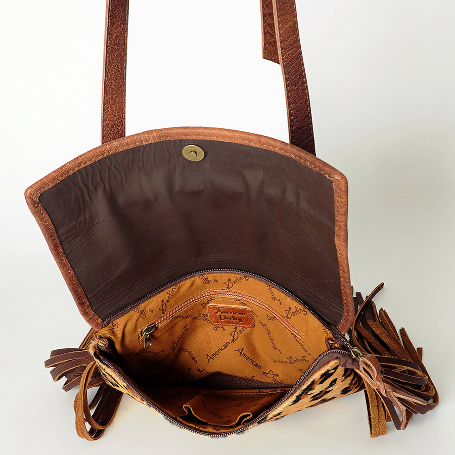 American Darling Small Cross Body Bag, Hand Tooled Floral Carved Leather with Hair-On Cowhide and Fringes, Genuine Leather