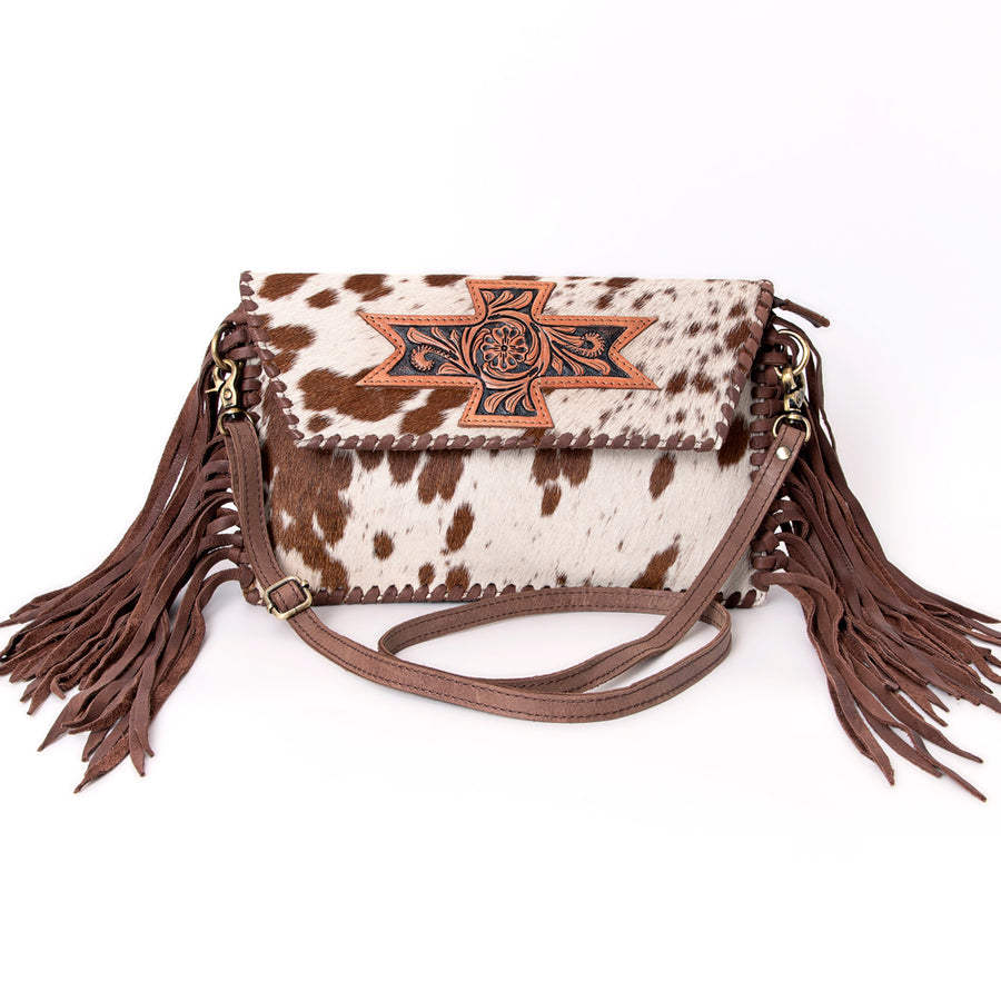 American Darling Western Envelope Bag, Hand Tooled Floral Leather & Hair-On Cowhide Crossbody with Fringes, 7in (H) X 12in (W)