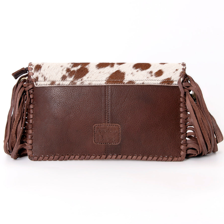 American Darling Western Envelope Bag, Hand Tooled Floral Leather & Hair-On Cowhide Crossbody with Fringes, 7in (H) X 12in (W)