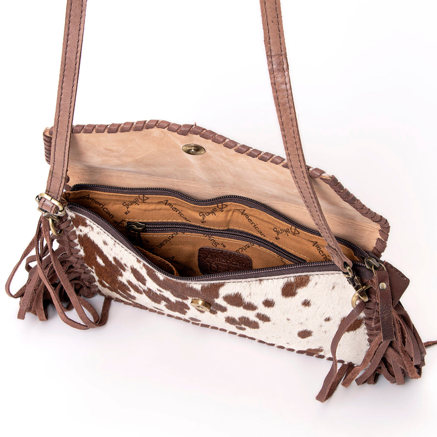 American Darling Western Envelope Bag, Hand Tooled Floral Leather & Hair-On Cowhide Crossbody with Fringes, 7in (H) X 12in (W)