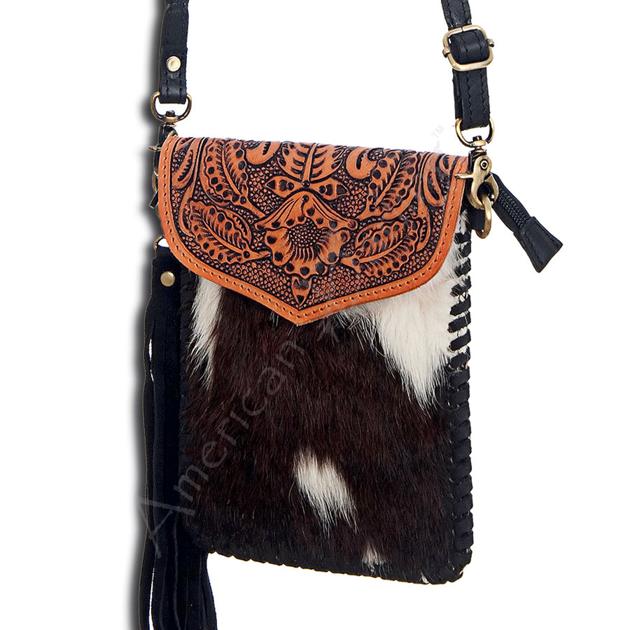 American Darling Cross body Bag, Hand Tooled Floral Carved Leather & Hair-On Cowhide with Tassels, 8in (H) X 6in (W)