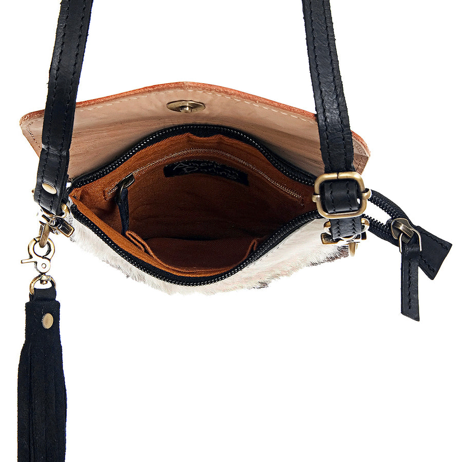 American Darling Cross body Bag, Hand Tooled Floral Carved Leather & Hair-On Cowhide with Tassels, 8in (H) X 6in (W)
