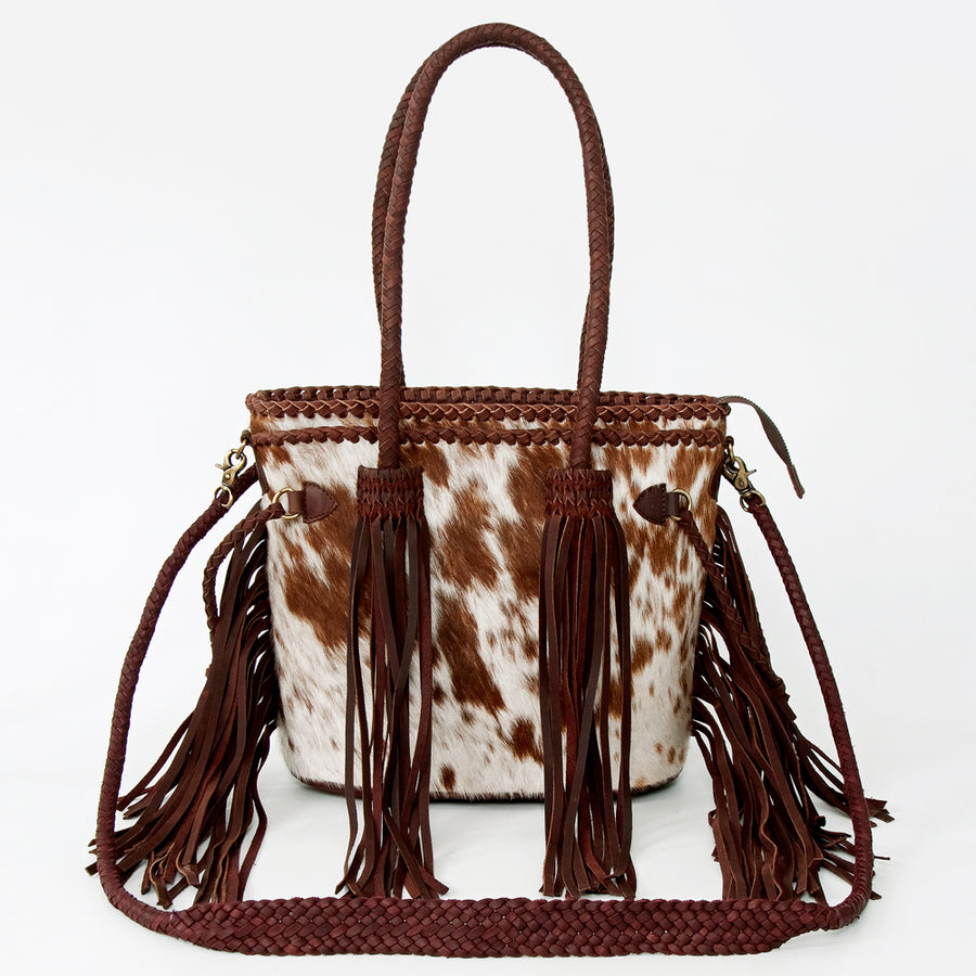 American Darling Tote Bag, Genuine Hair-On Cowhide & Leather with Fringes, Braided Handles Crossbody, 11in (H) X 12in (W)